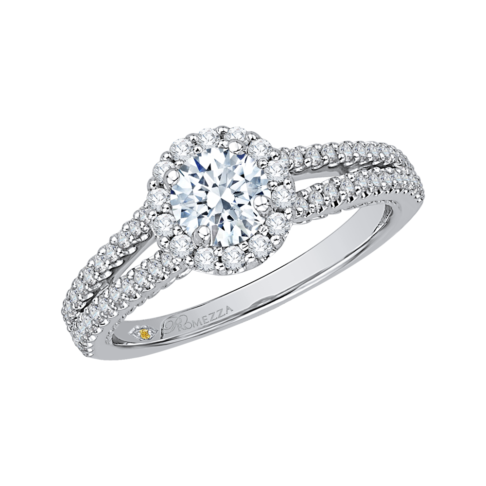 Split Shank Round Diamond Halo Engagement Ring In 14K White Gold