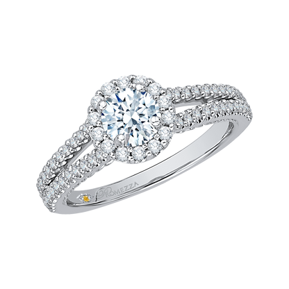 Split Shank Round Diamond Halo Engagement Ring In 14K White Gold