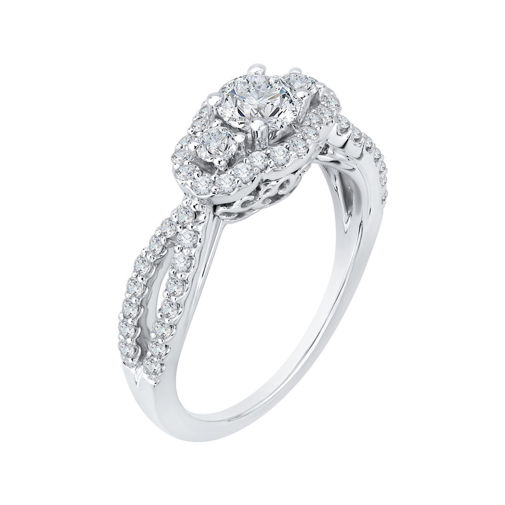 Diamond Three-Stone Halo Engagement Ring in 14K White Gold