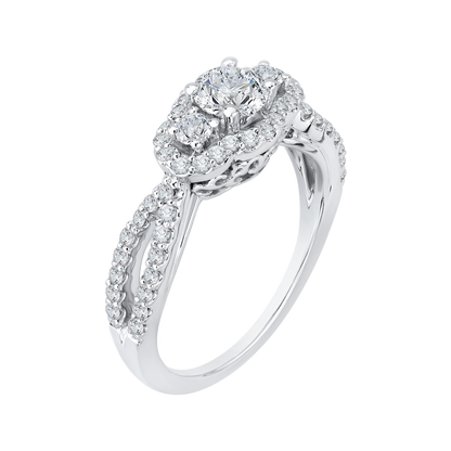 Diamond Three-Stone Halo Engagement Ring in 14K White Gold