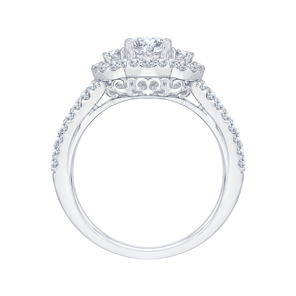 Diamond Three-Stone Halo Engagement Ring in 14K White Gold