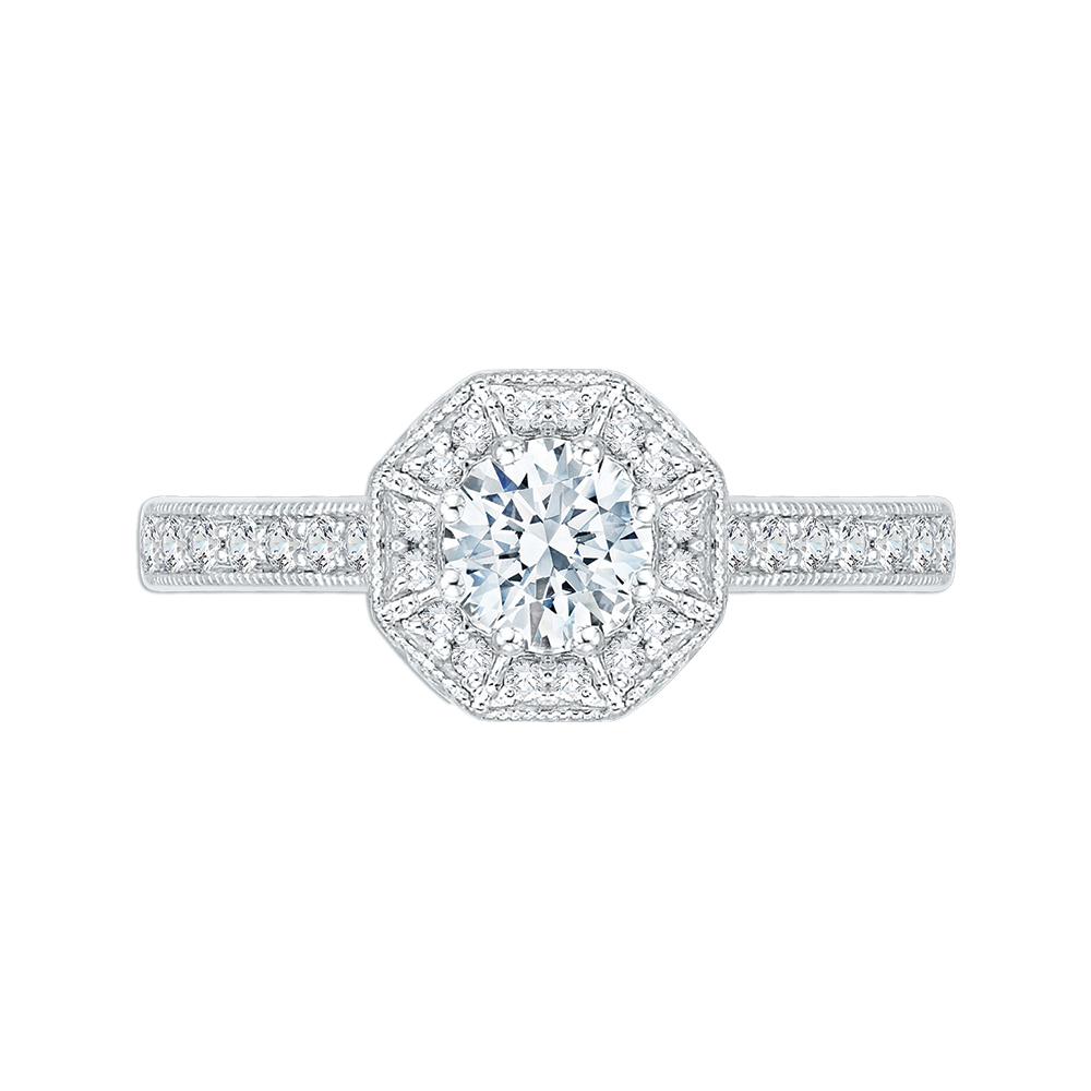 Round Diamond Octagon Shape Halo Engagement Ring in 14K White Gold