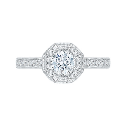 Round Diamond Octagon Shape Halo Engagement Ring in 14K White Gold