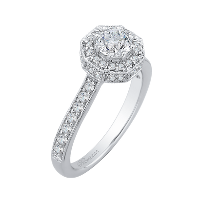 Round Diamond Octagon Shape Halo Engagement Ring in 14K White Gold