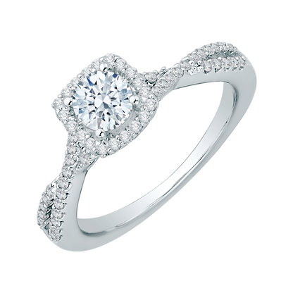 14K White Gold Round Diamond Halo Engagement Ring with Split Shank