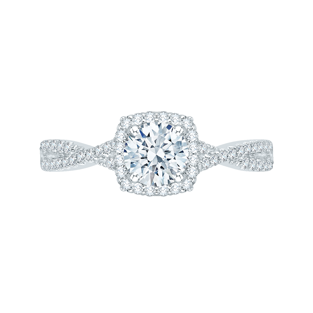 14K White Gold Round Diamond Halo Engagement Ring with Split Shank