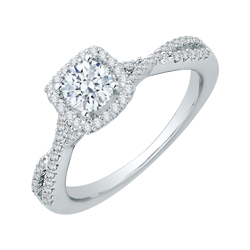 Split Shank Diamond Halo Engagement Ring in 14K White Gold