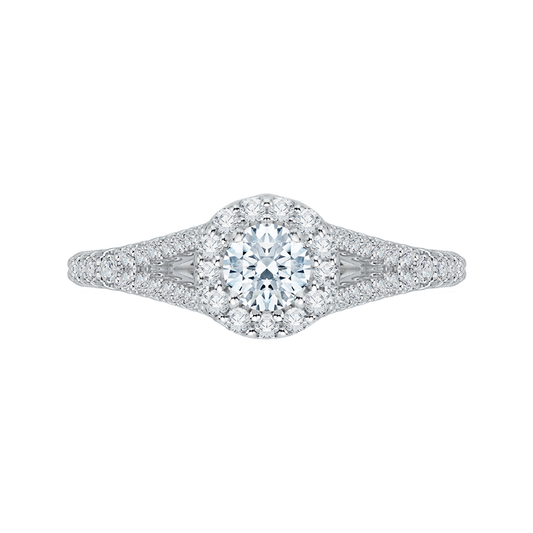 Split Shank Round Diamond Halo Engagement Ring in 14K White Gold