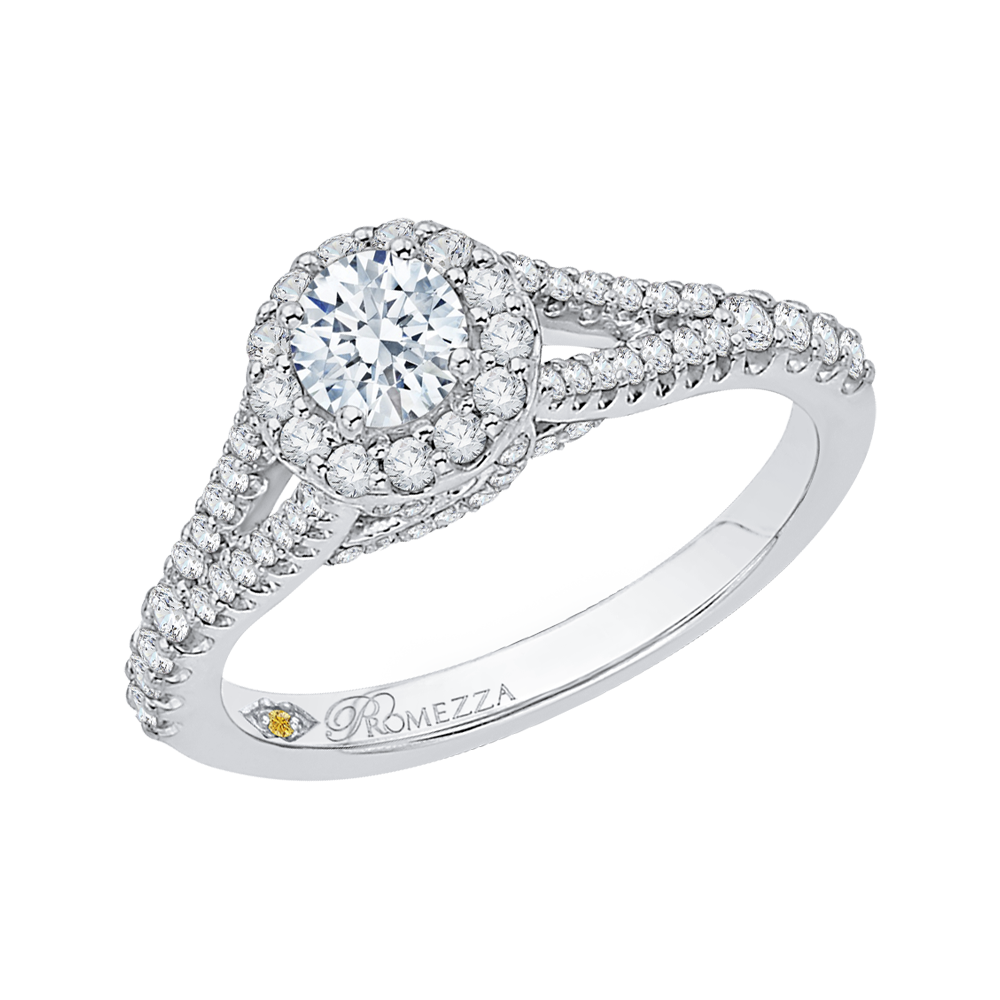 Split Shank Round Diamond Halo Engagement Ring in 14K White Gold