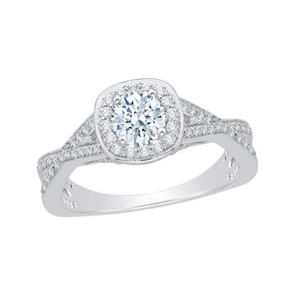 Split Shank Round Diamond Halo Engagement Ring in 14K White Gold