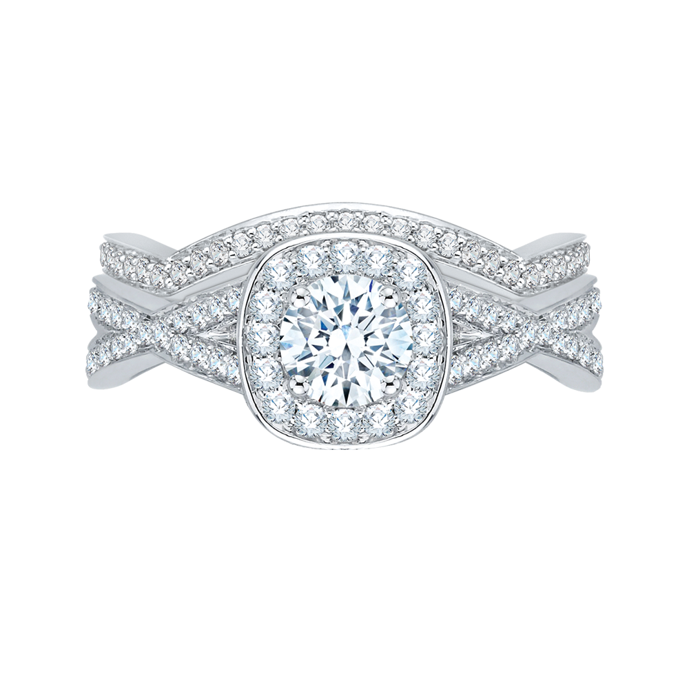 Split Shank Round Diamond Halo Engagement Ring in 14K White Gold