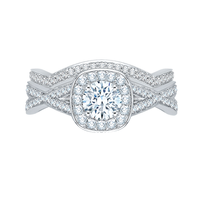 Split Shank Round Diamond Halo Engagement Ring in 14K White Gold