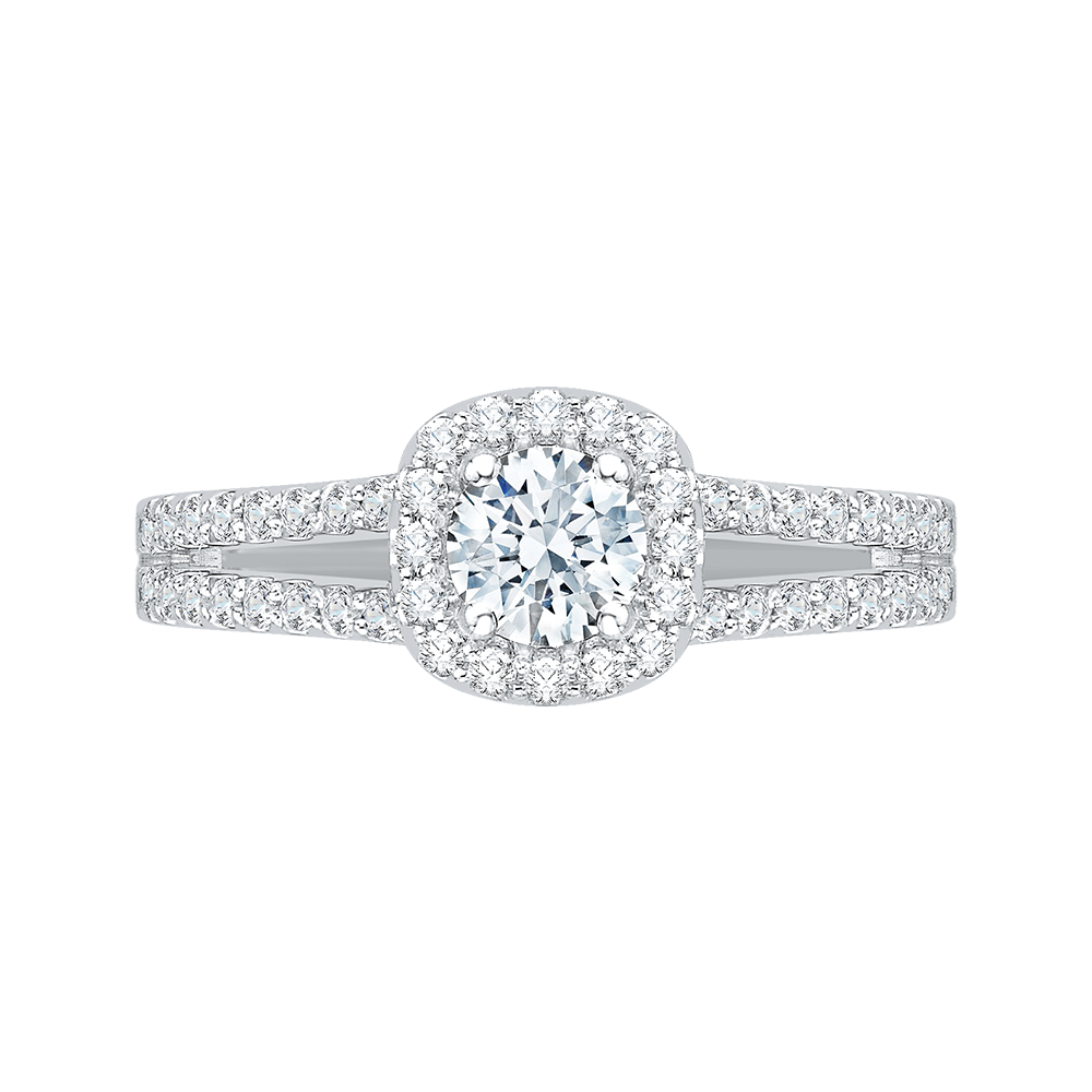 Split Shank Round Diamond Halo Engagement Ring in 14K White Gold