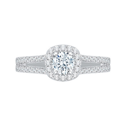 Split Shank Round Diamond Halo Engagement Ring in 14K White Gold