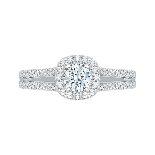 Split Shank Round Diamond Halo Engagement Ring in 14K White Gold