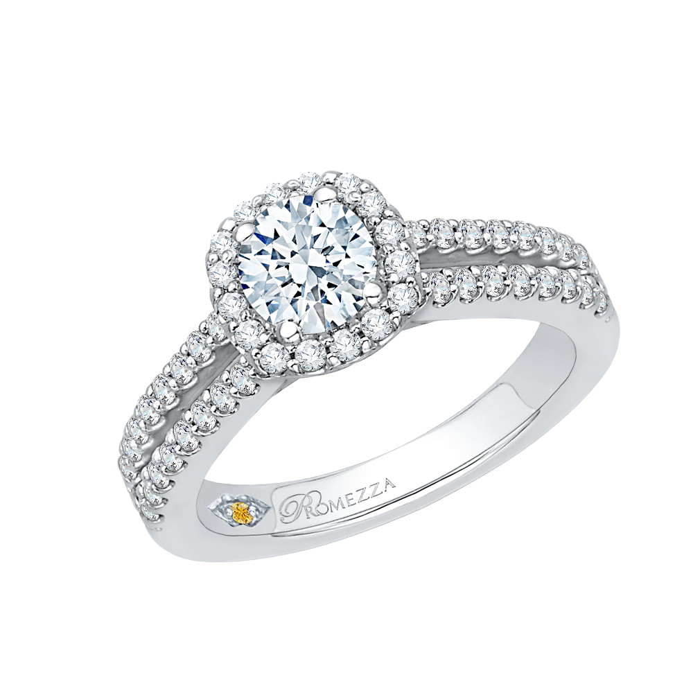 Split Shank Round Diamond Halo Engagement Ring in 14K White Gold