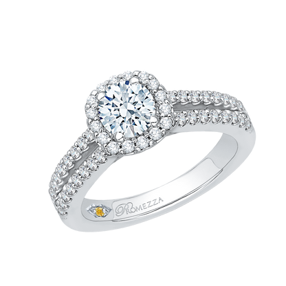 Split Shank Round Diamond Halo Engagement Ring in 14K White Gold