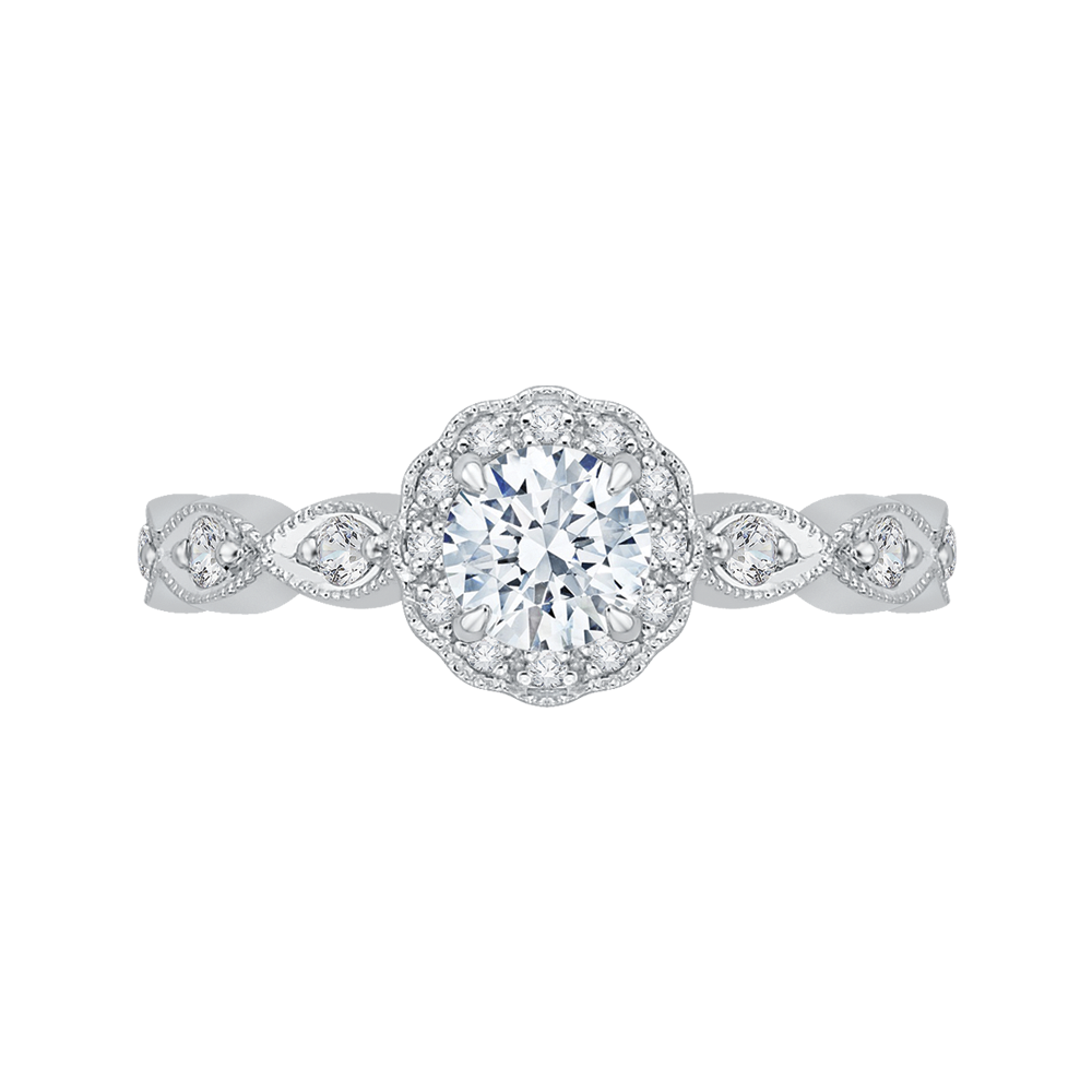 Round Diamond Floral Halo Engagement Ring in 14K White Gold