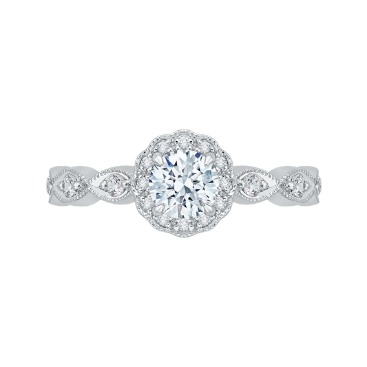 Round Diamond Floral Halo Engagement Ring in 14K White Gold