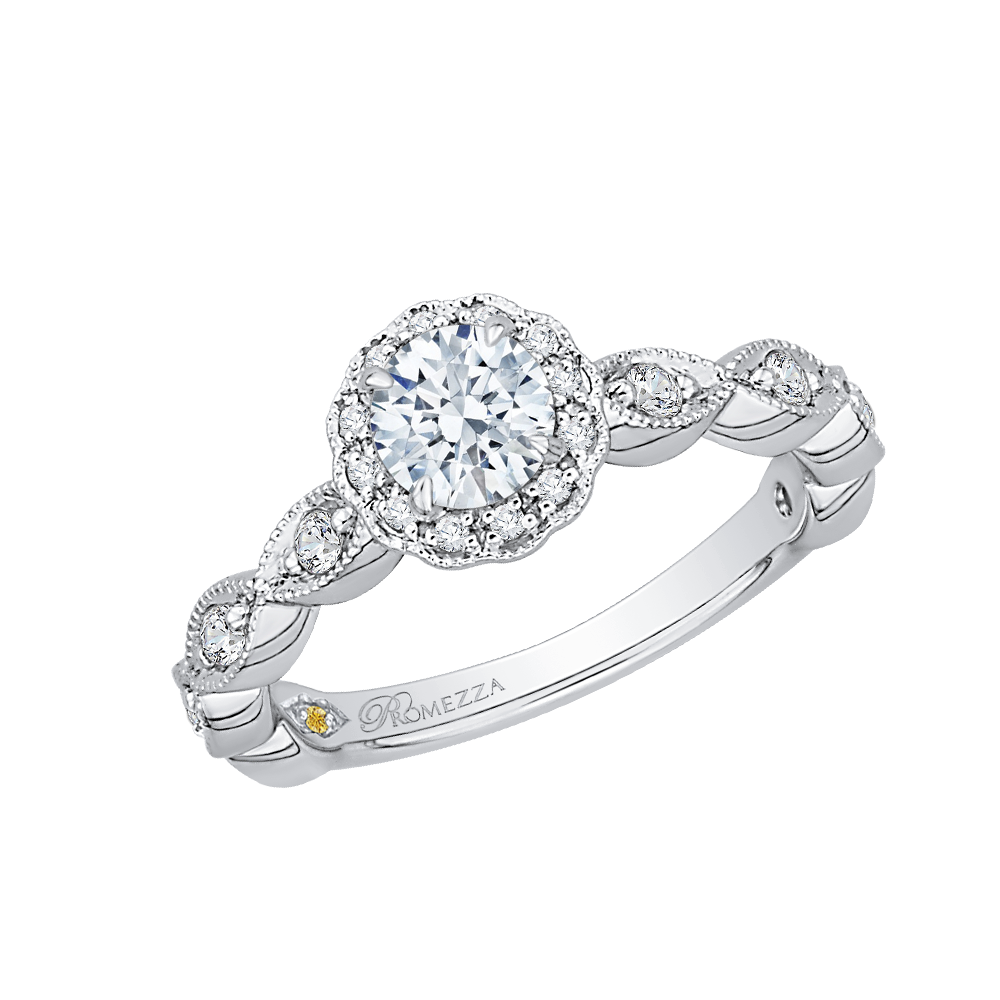 Round Diamond Floral Halo Engagement Ring in 14K White Gold