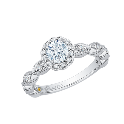 Round Diamond Floral Halo Engagement Ring in 14K White Gold