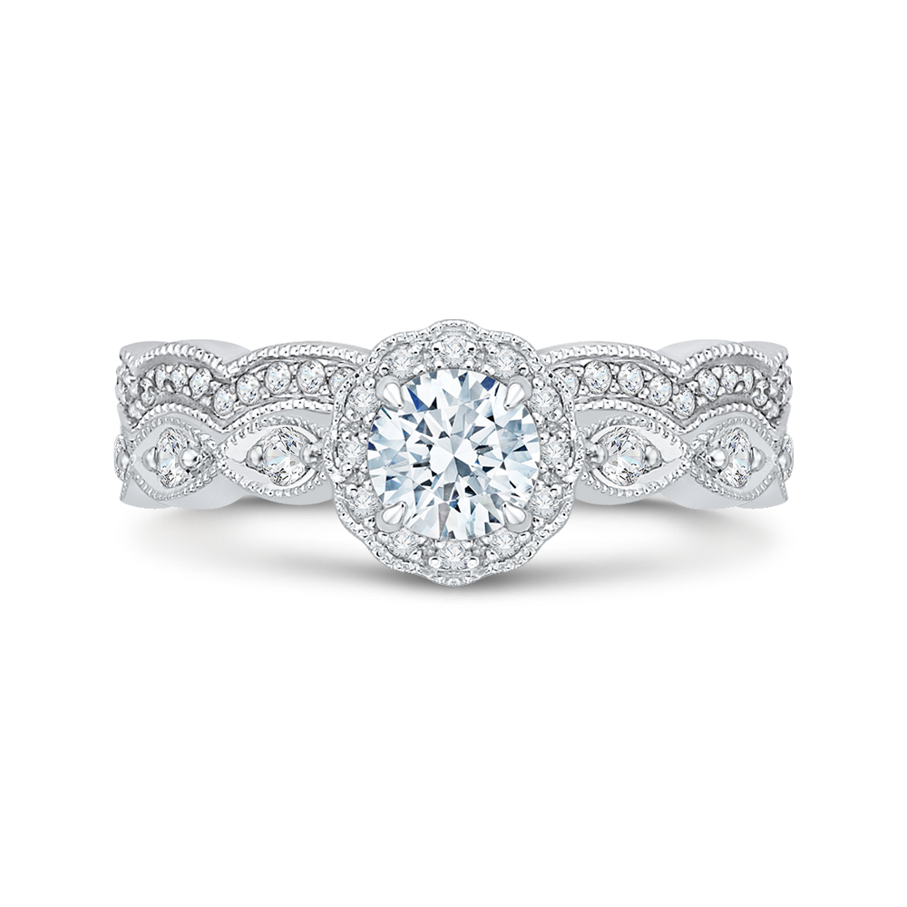 Round Diamond Floral Halo Engagement Ring in 14K White Gold