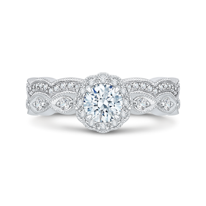 Round Diamond Floral Halo Engagement Ring in 14K White Gold