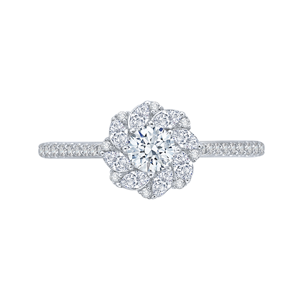 Diamond Floral Halo Engagement Ring in 14K White Gold