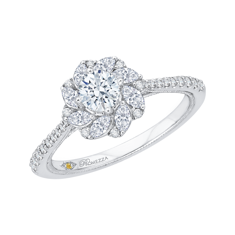 Diamond Floral Halo Engagement Ring in 14K White Gold