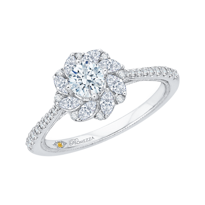 Diamond Floral Halo Engagement Ring in 14K White Gold