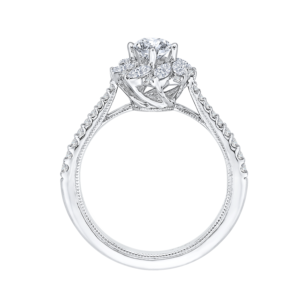 Diamond Floral Halo Engagement Ring in 14K White Gold