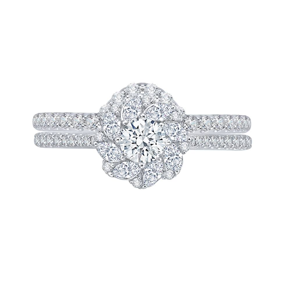 Diamond Floral Halo Engagement Ring in 14K White Gold