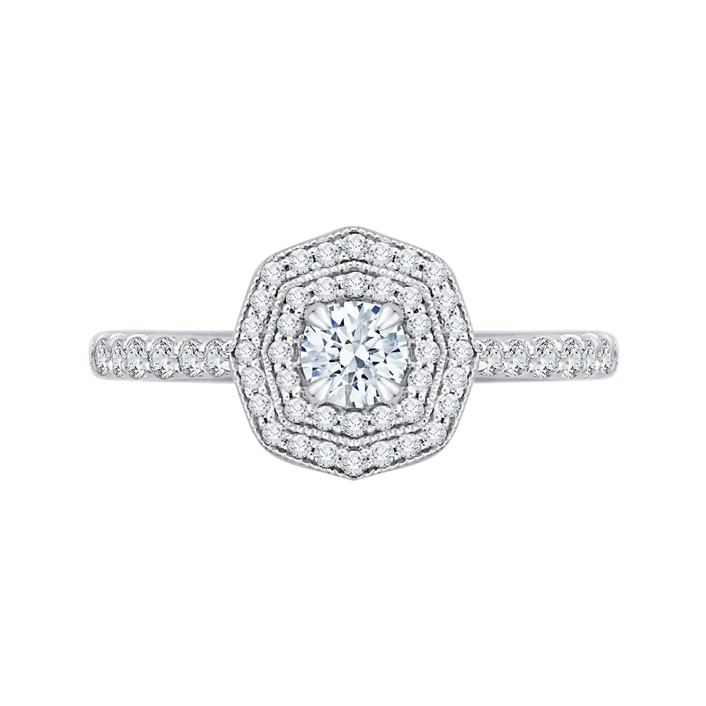 Diamond Octagon Shape Double Halo Engagement Ring in 14K White Gold