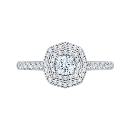 Diamond Octagon Shape Double Halo Engagement Ring in 14K White Gold