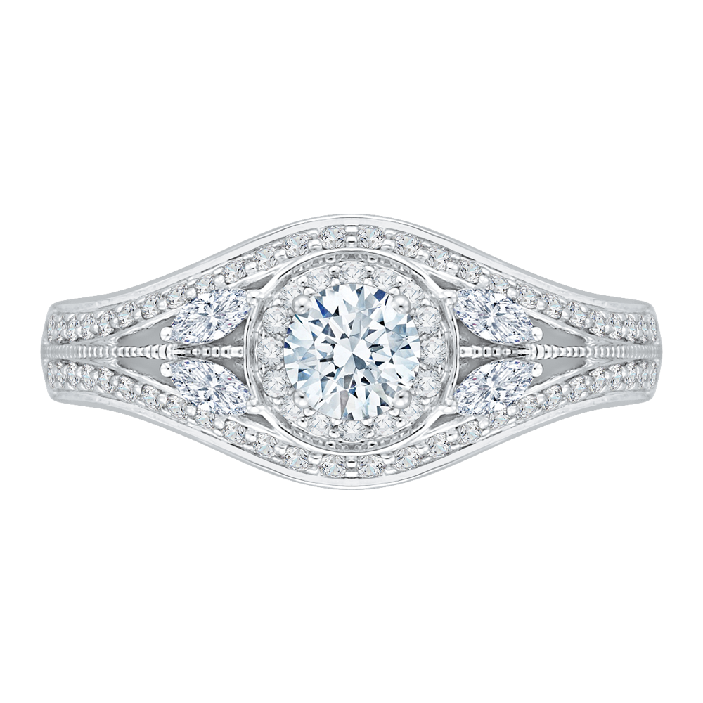 Split Shank Round Diamond Halo Engagement Ring in 14K White Gold