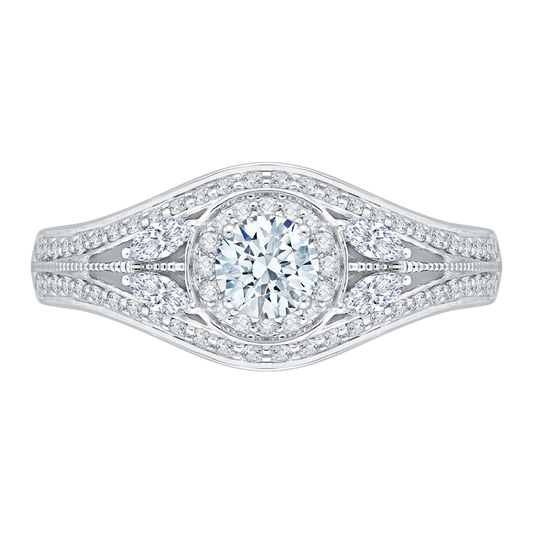 Split Shank Round Diamond Halo Engagement Ring in 14K White Gold