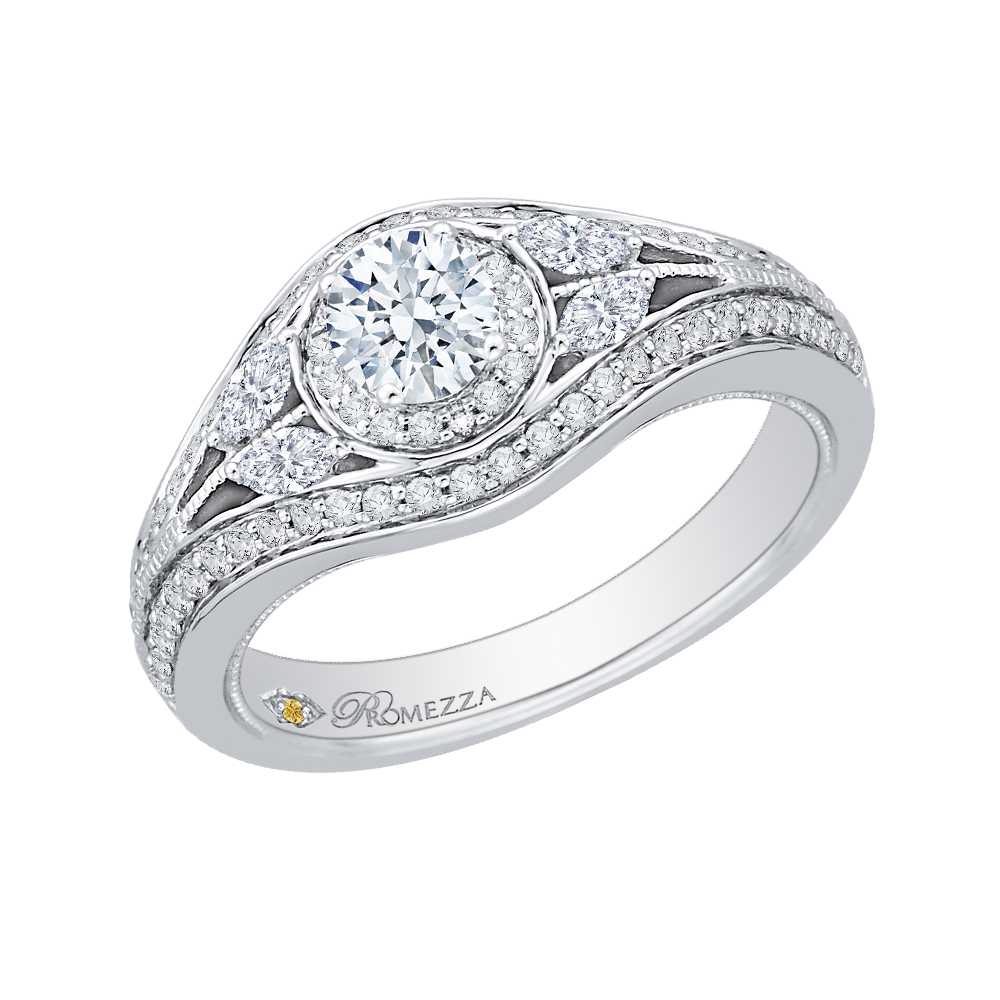 Split Shank Round Diamond Halo Engagement Ring in 14K White Gold