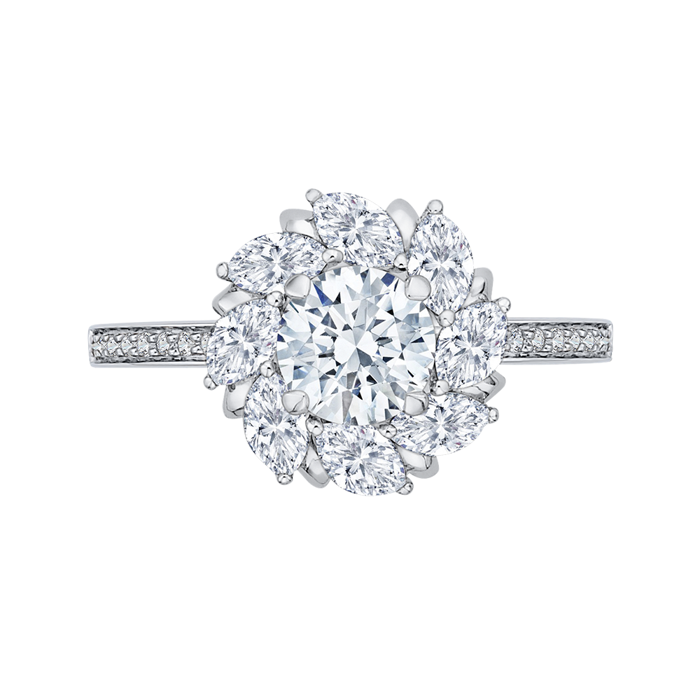 Round and Marquise Cut Diamond Floral Engagement Ring in 14K White Gold