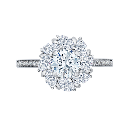 Round and Marquise Cut Diamond Floral Engagement Ring in 14K White Gold