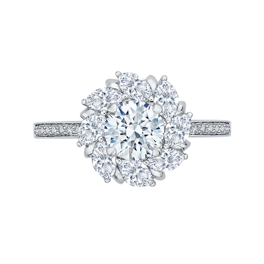 Round and Marquise Cut Diamond Floral Engagement Ring in 14K White Gold