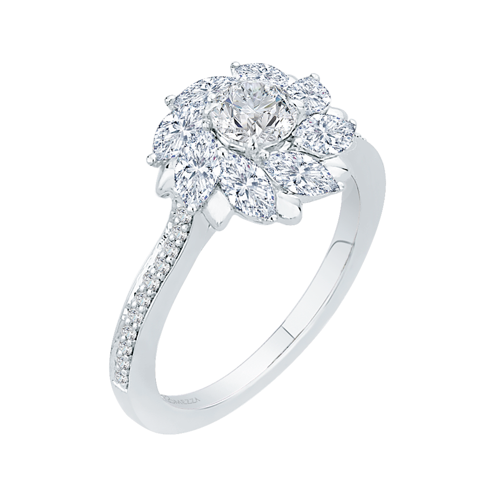 Round and Marquise Cut Diamond Floral Engagement Ring in 14K White Gold