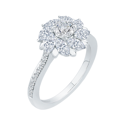 Round and Marquise Cut Diamond Floral Engagement Ring in 14K White Gold