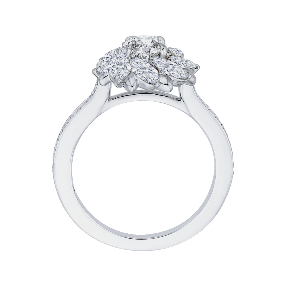 Round and Marquise Cut Diamond Floral Engagement Ring in 14K White Gold