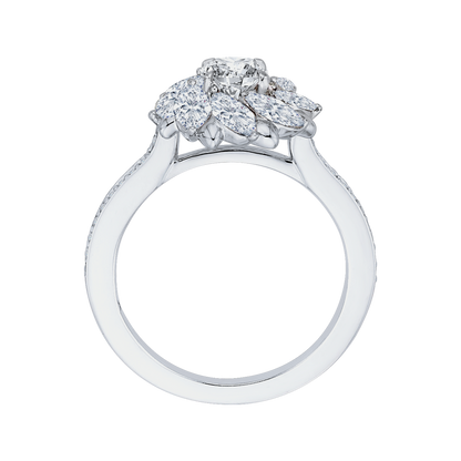 Round and Marquise Cut Diamond Floral Engagement Ring in 14K White Gold