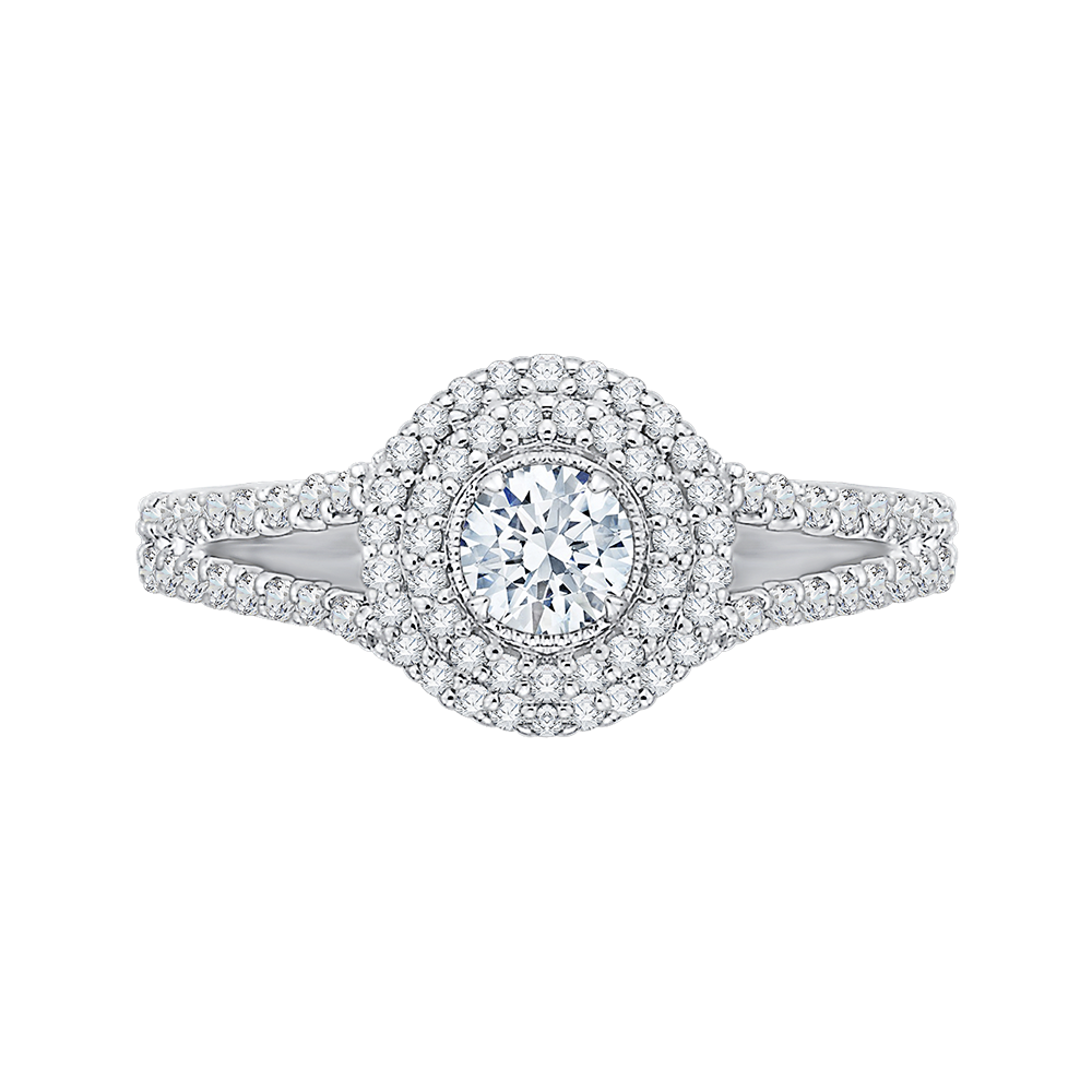 Round Diamond Double Halo Engagement Ring with Spit Shank in 14K White Gold