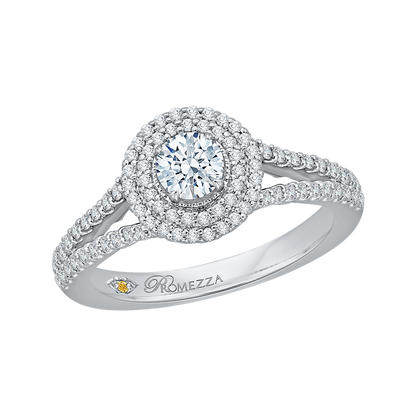 Round Diamond Double Halo Engagement Ring with Spit Shank in 14K White Gold