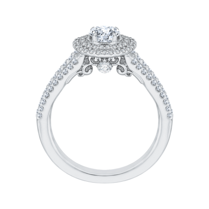 Round Diamond Double Halo Engagement Ring with Spit Shank in 14K White Gold