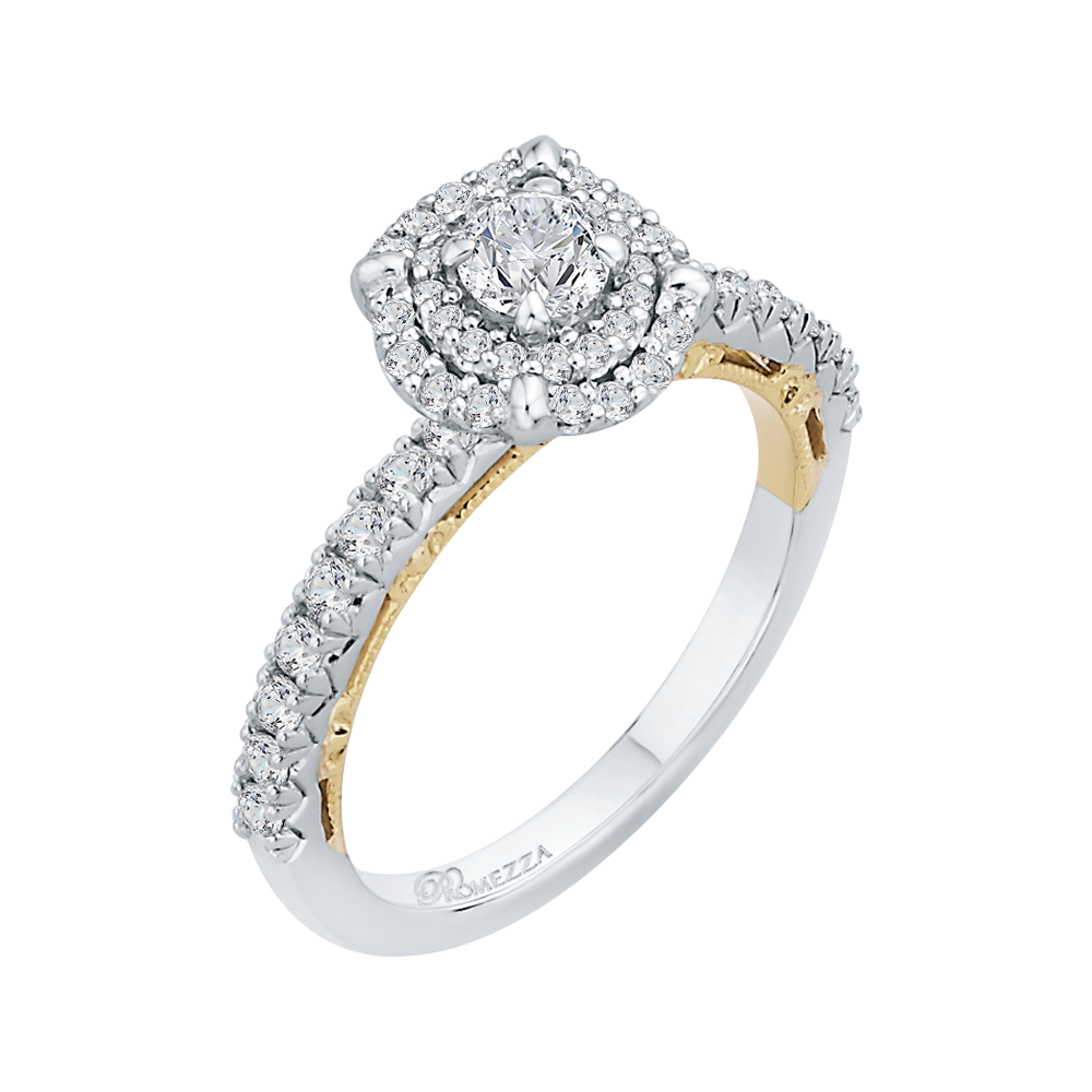 Round Diamond Double Halo Engagement Ring in 14K Two Tone Gold