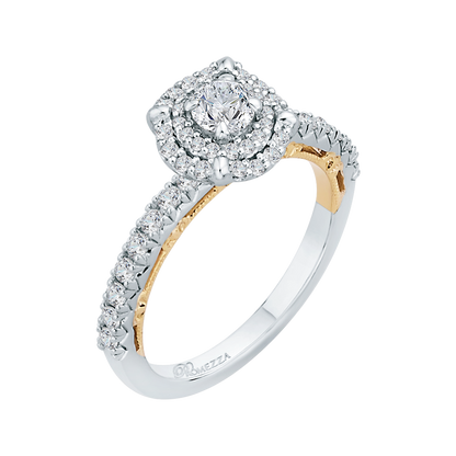 Round Diamond Double Halo Engagement Ring in 14K Two Tone Gold