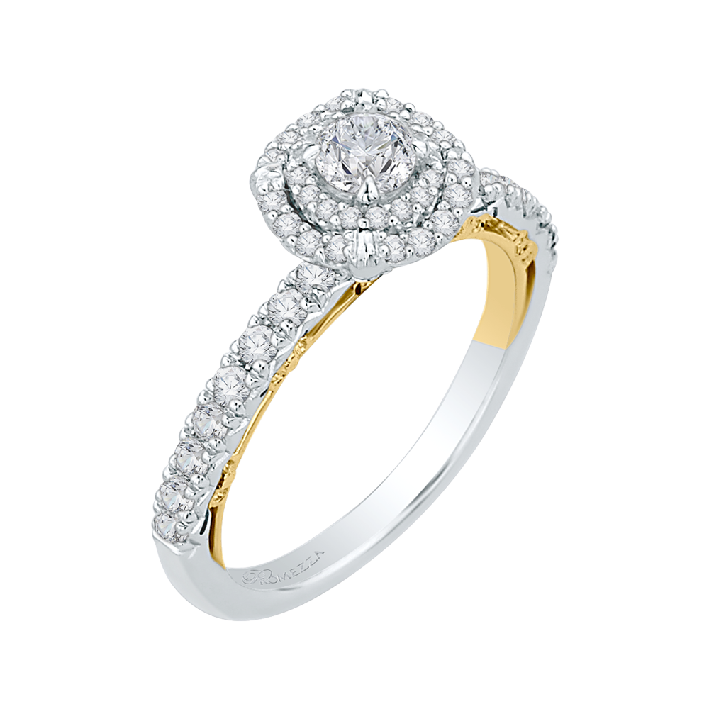 Round Diamond Double Halo Engagement Ring in 14K Two Tone Gold